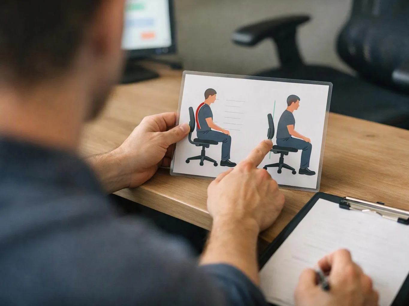 A person points at a posture diagram showing seated positions on a desk card in an office