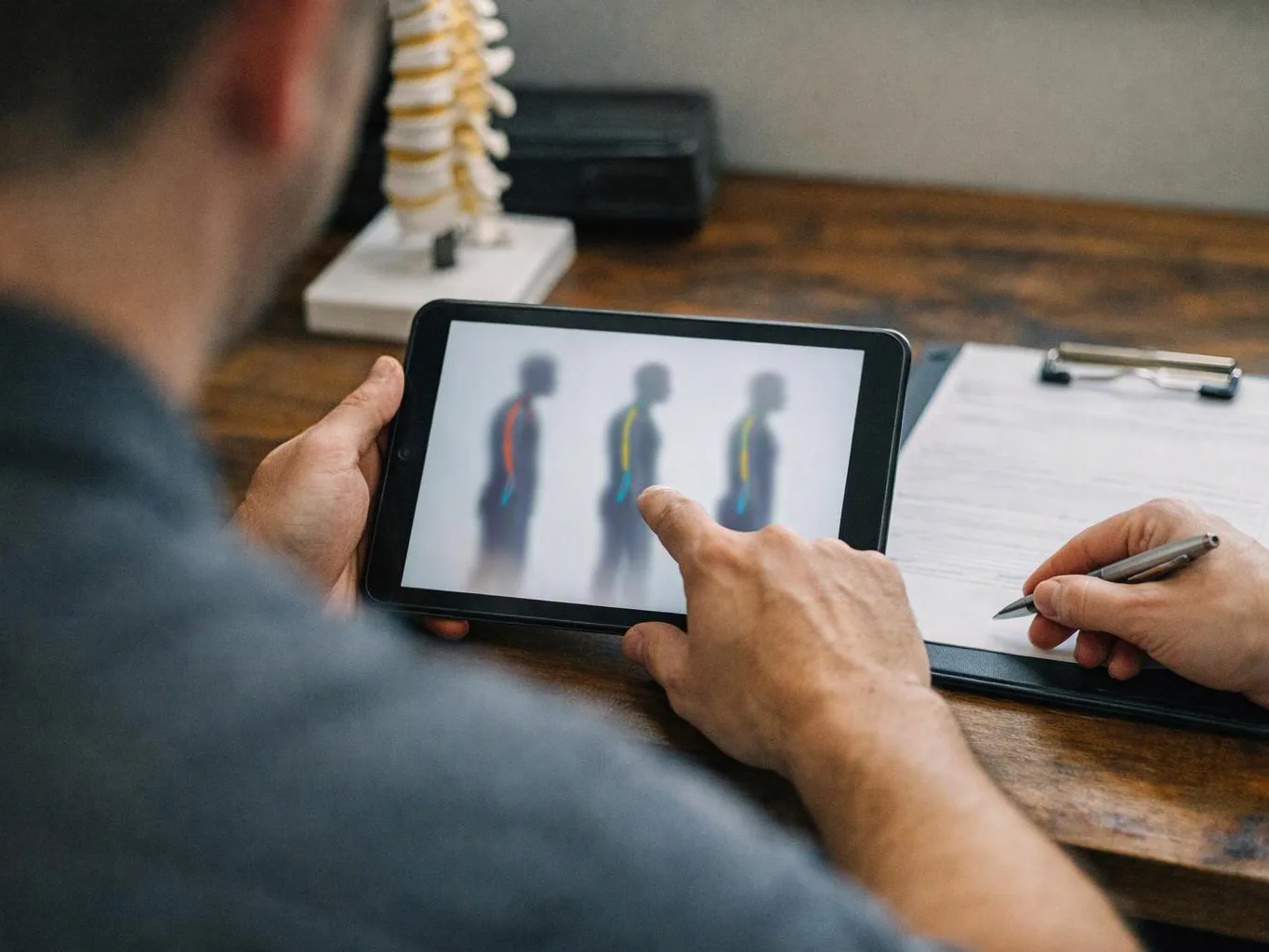 A person points at a tablet showing spine diagrams while another hand writes on a clipboard at a desk