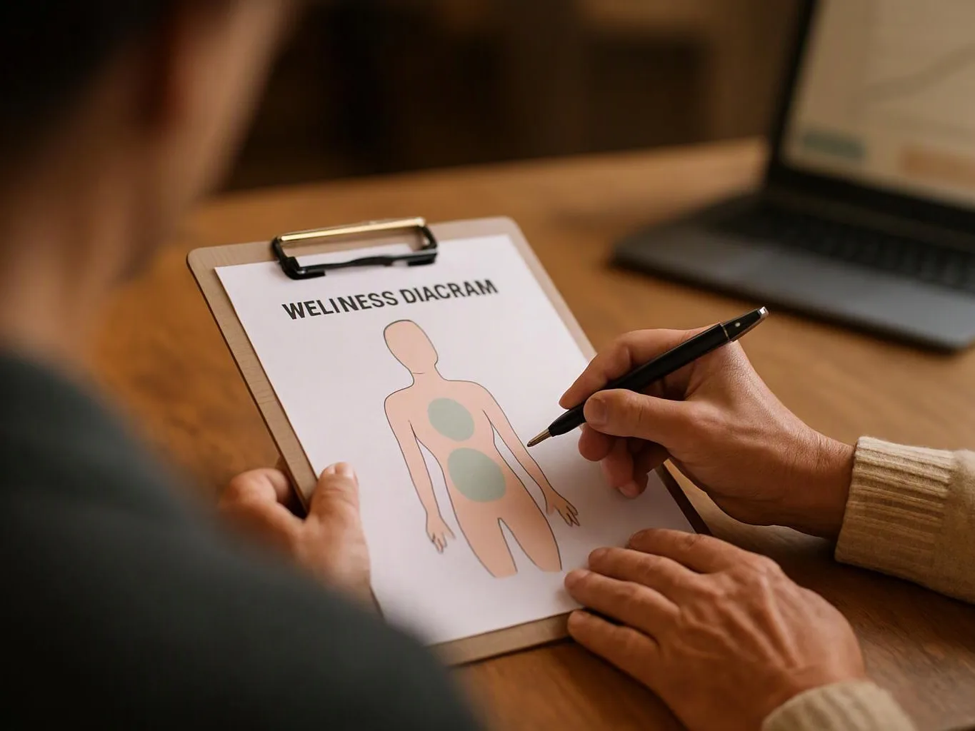A person points at a wellness diagram on a clipboard while another hand holds a pen at a wooden table