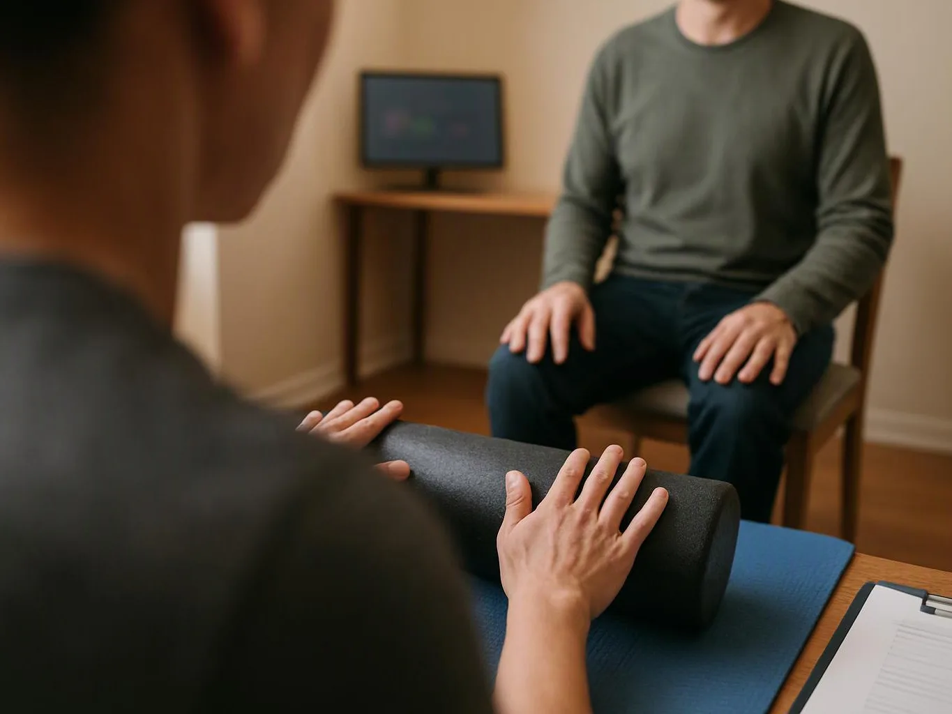 A person presses a foam roller on a mat while another sits across in a quiet room