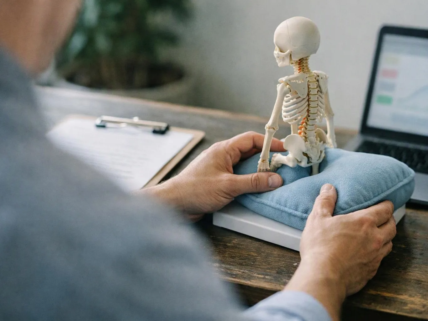 A person steadies a small skeleton model on a blue cushion beside a laptop and clipboard