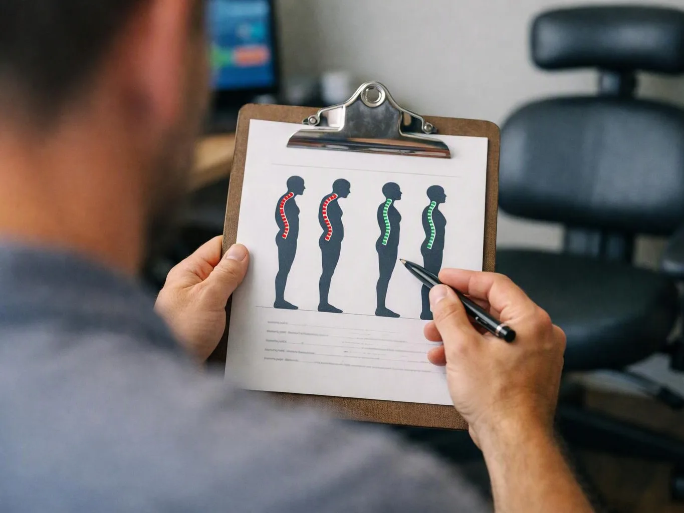 A person studies a posture chart on a clipboard while pointing with a pen in a clinic-like room