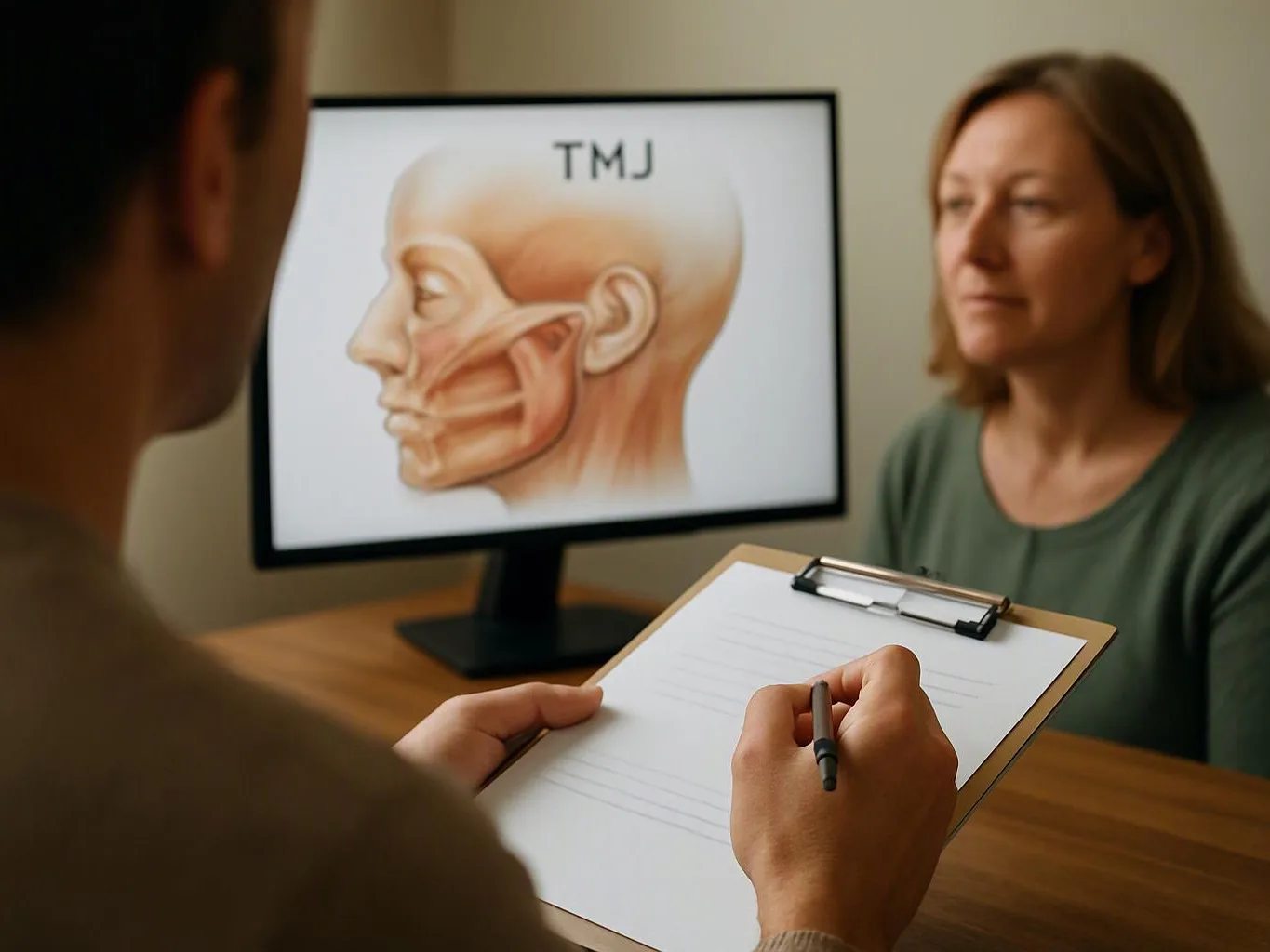 A person takes notes while a woman sits beside a monitor showing a jaw joint diagram labeled TMJ