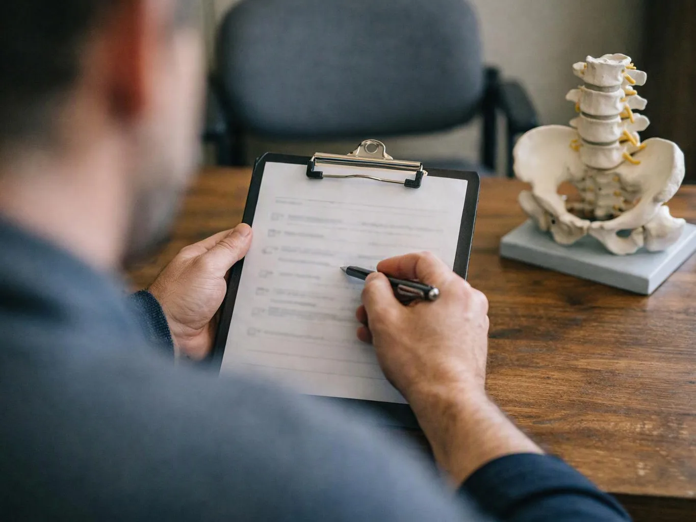 A person writes on a clipboard at a desk beside a spine model in a clinic office