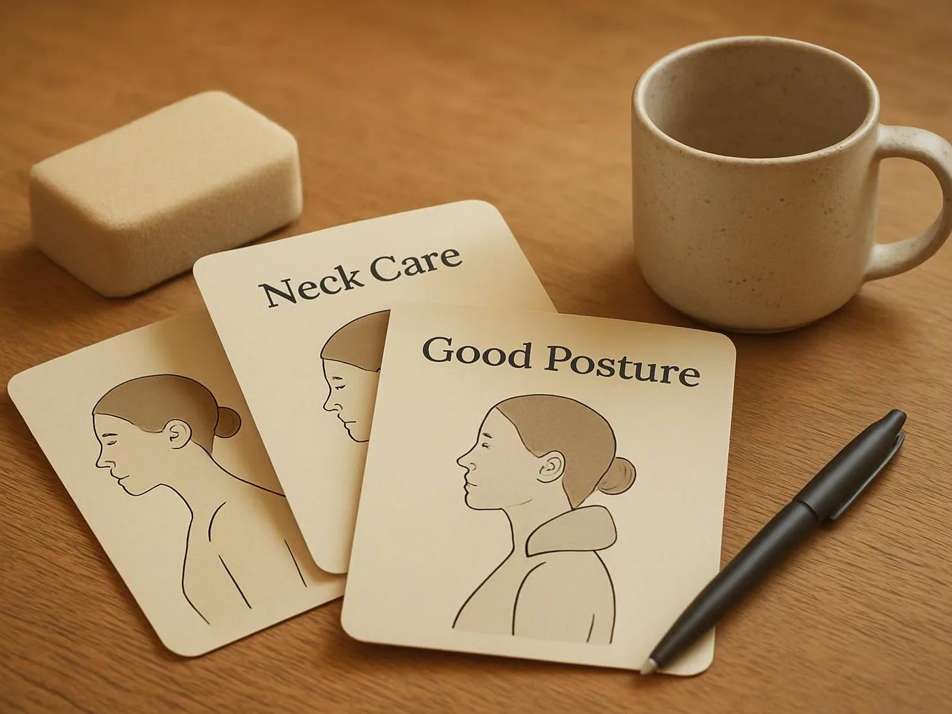 Posture cards with neck care and good posture sit on a wooden table beside a mug, pen, and foam block
