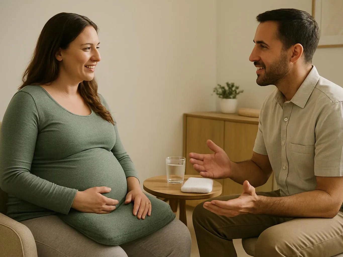 A pregnant woman and a man sit facing each other, talking in a calm living room