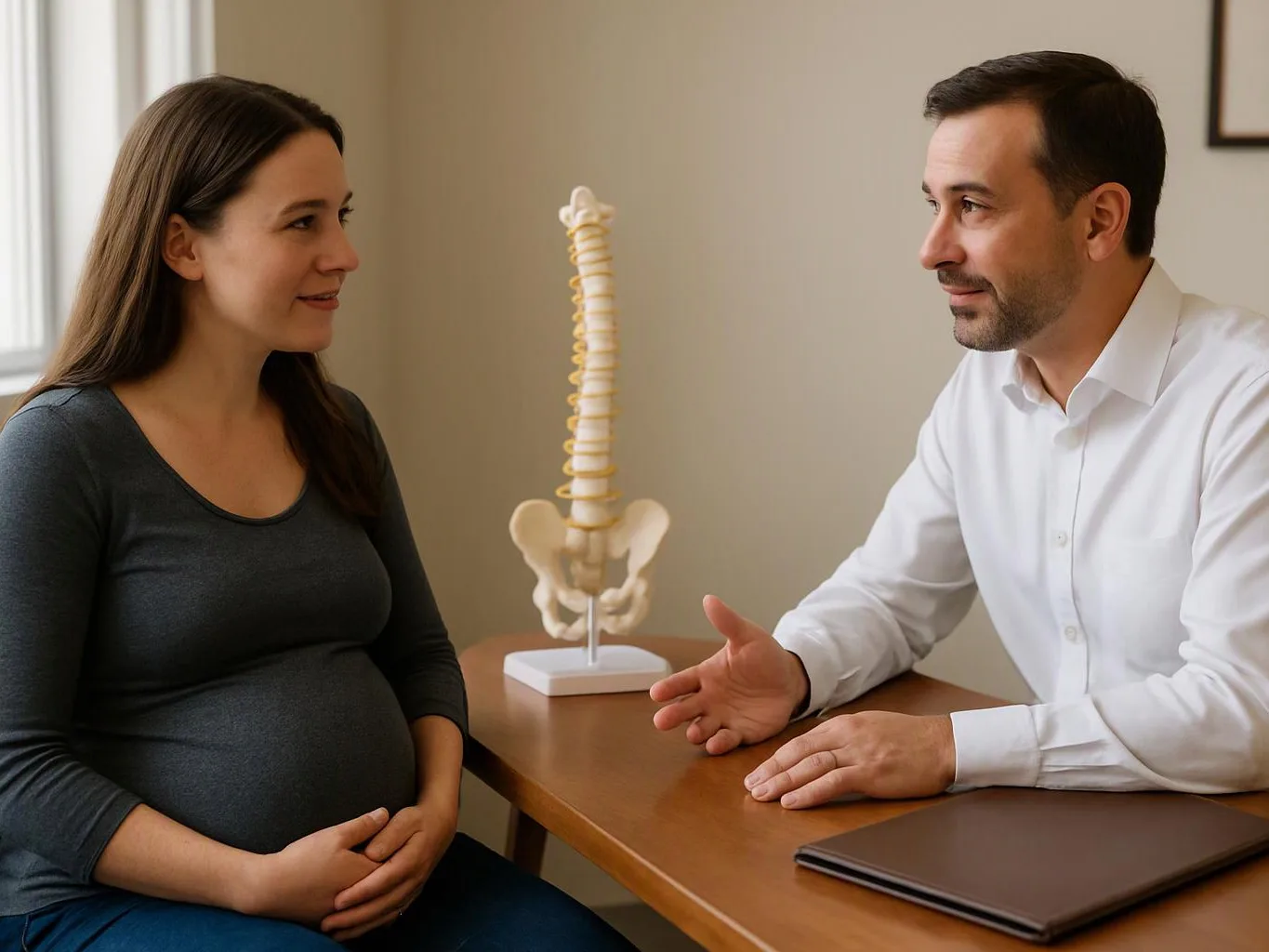 A pregnant woman sits across from a man in a white shirt beside a spine model in a clinic room