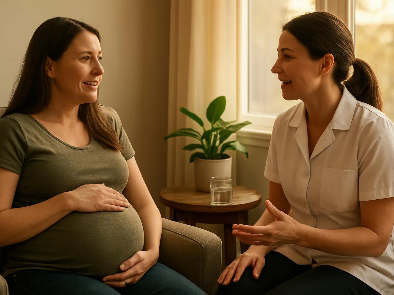 A pregnant woman talks with a nurse in a bright room beside a window and a small table with a plant