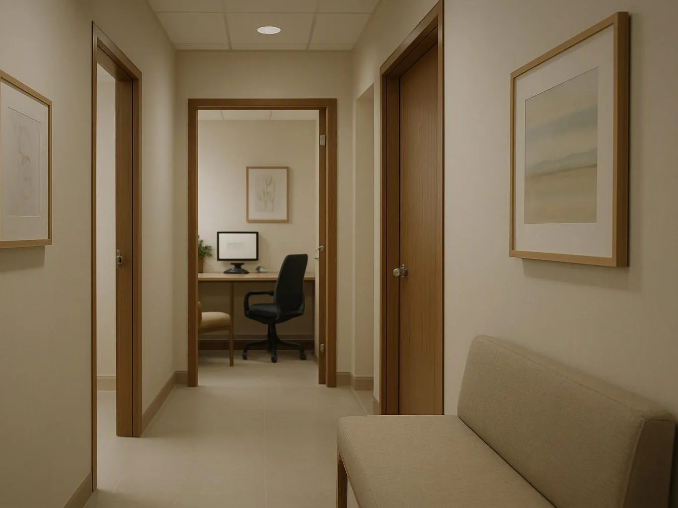 A quiet beige hallway opens to a small office with a desk, chair, and computer