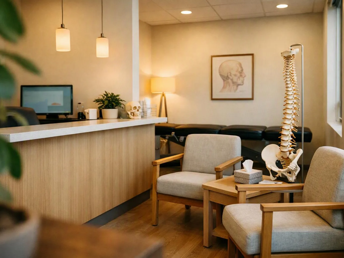 A quiet clinic waiting room shows chairs, a reception desk, a spine model, and anatomy wall art