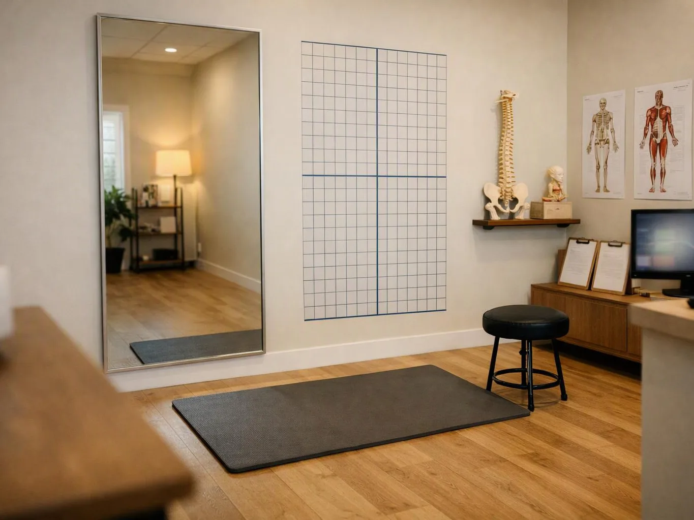 A quiet exam room has a treatment mat, mirror, stool, anatomy posters, and a spine model on the wall shelf