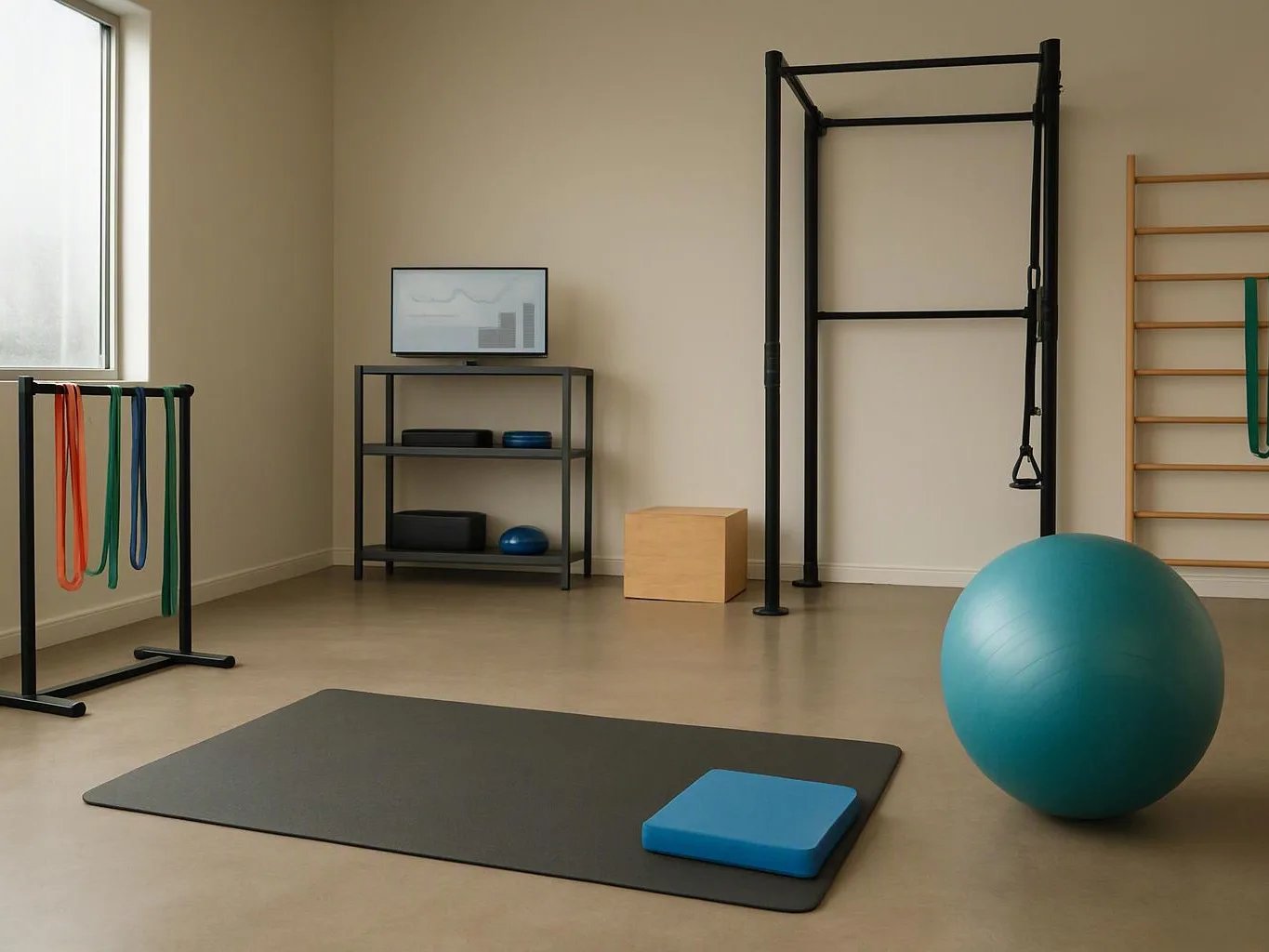A quiet exercise room with a mat, stability ball, straps, ladder, shelves, and workout frame