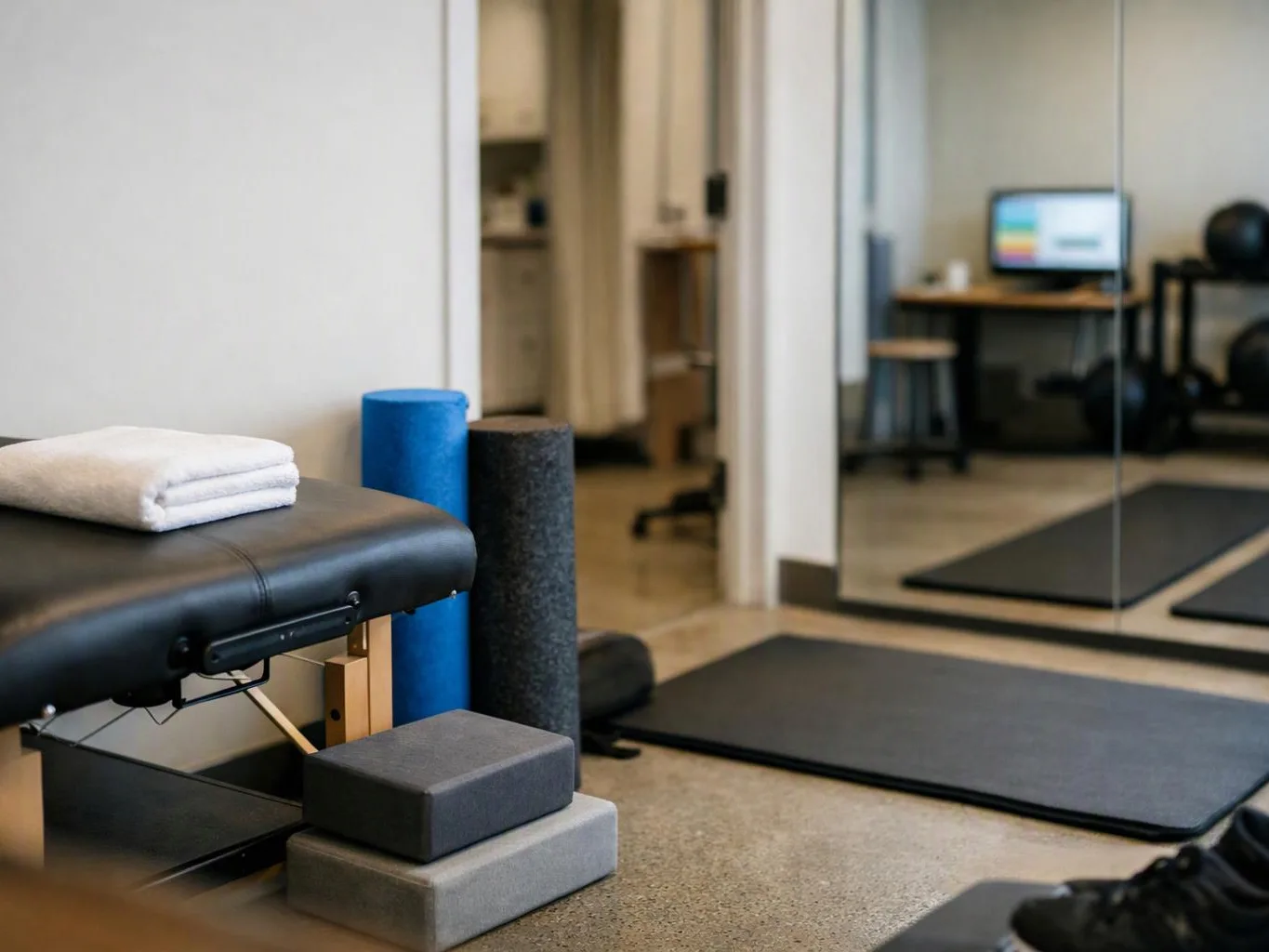 A quiet exercise room shows a massage table, folded towels, foam rollers, mats, and a mirrored wall reflecting a desk area