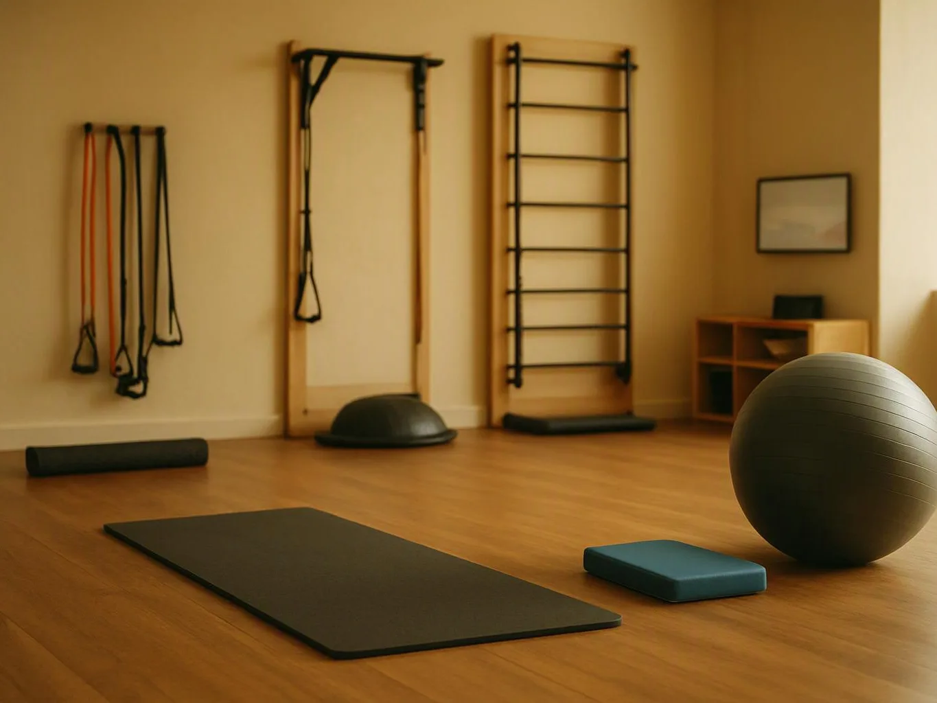 A quiet exercise room shows mats, a stability ball, straps, ladder bars, and wooden floorboards