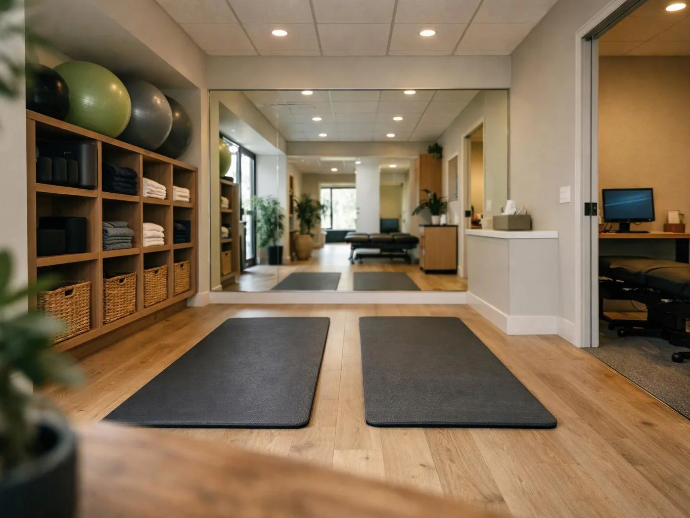 A quiet exercise studio shows yoga mats, shelves of towels, stability balls, and a mirrored wall