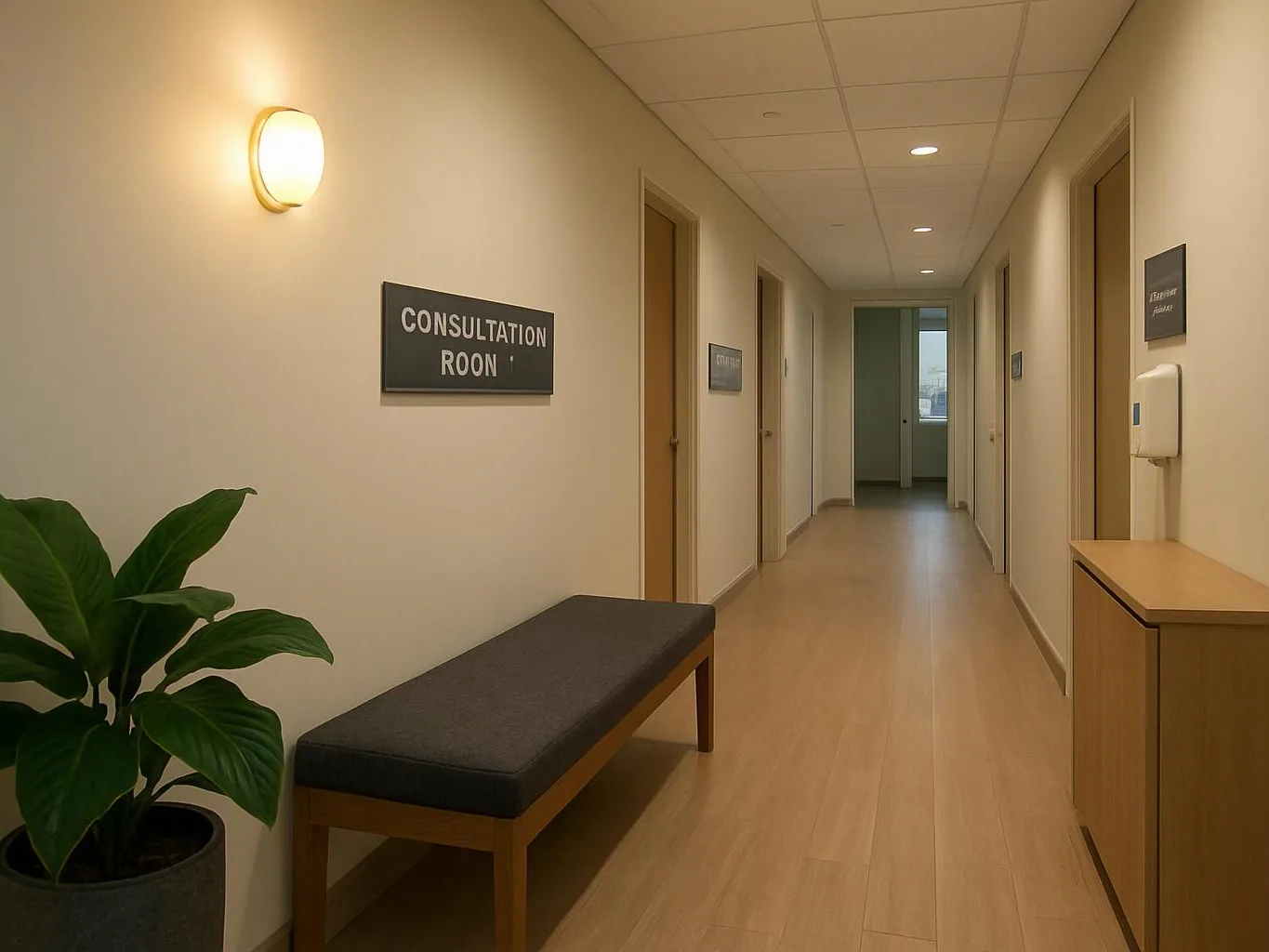 A quiet hallway with consultation room signs, a bench, potted plant, and closed doors under soft ceiling lights