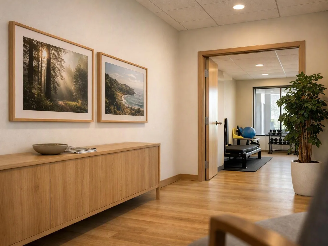 A quiet hallway shows framed landscape prints, a wood cabinet, and an open doorway to a small exercise room