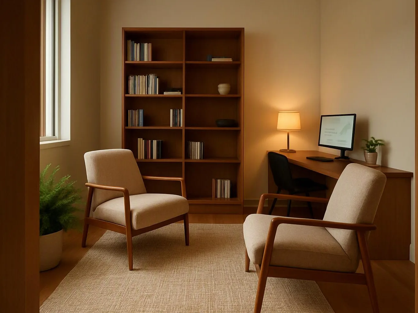 A quiet office corner has two beige chairs, a desk with a lamp and monitor, and a bookcase behind them