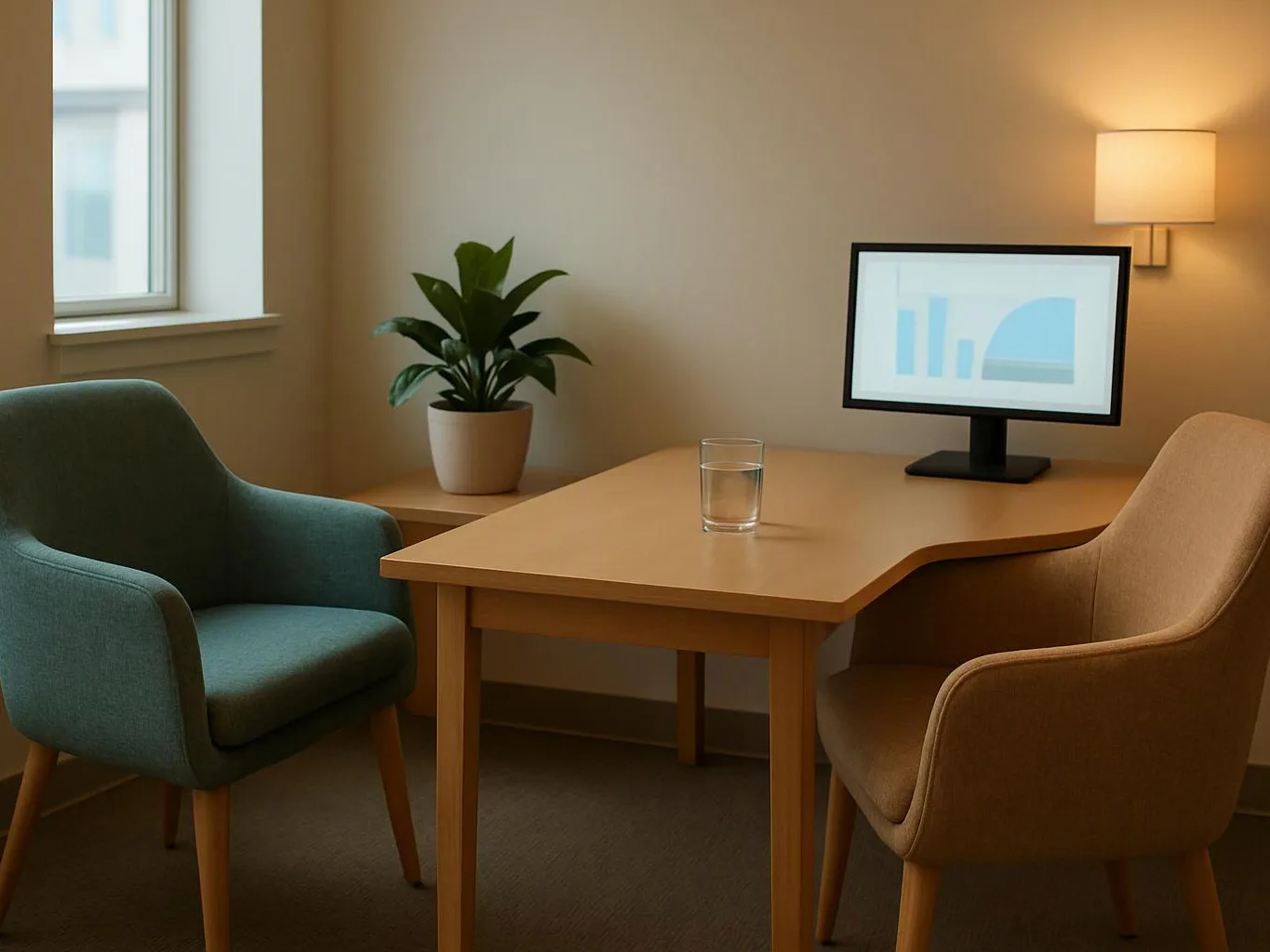 A quiet office nook has two chairs, a desk with a glass of water, a monitor, and a potted plant