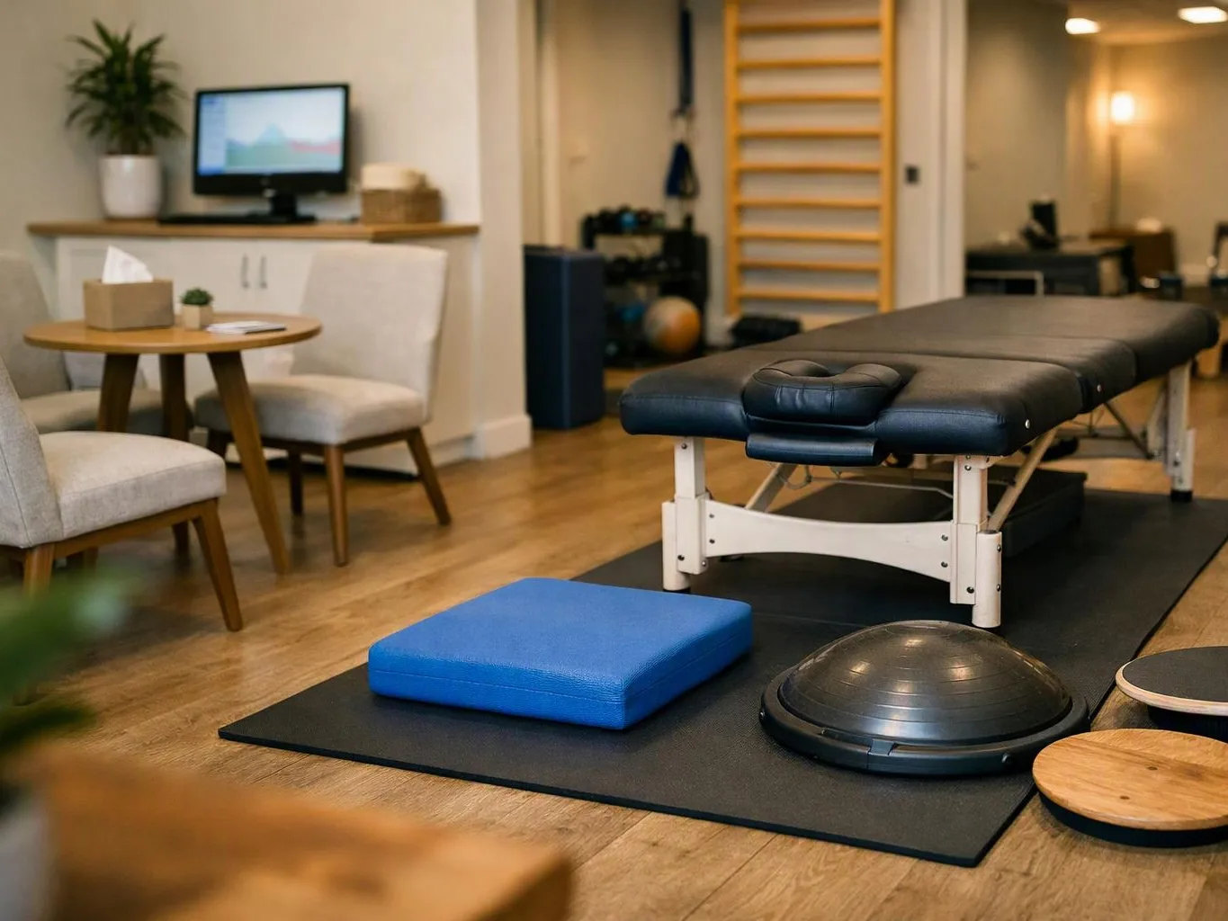 A quiet therapy room with a black treatment table, exercise pads, chairs, a small table, and a wall ladder