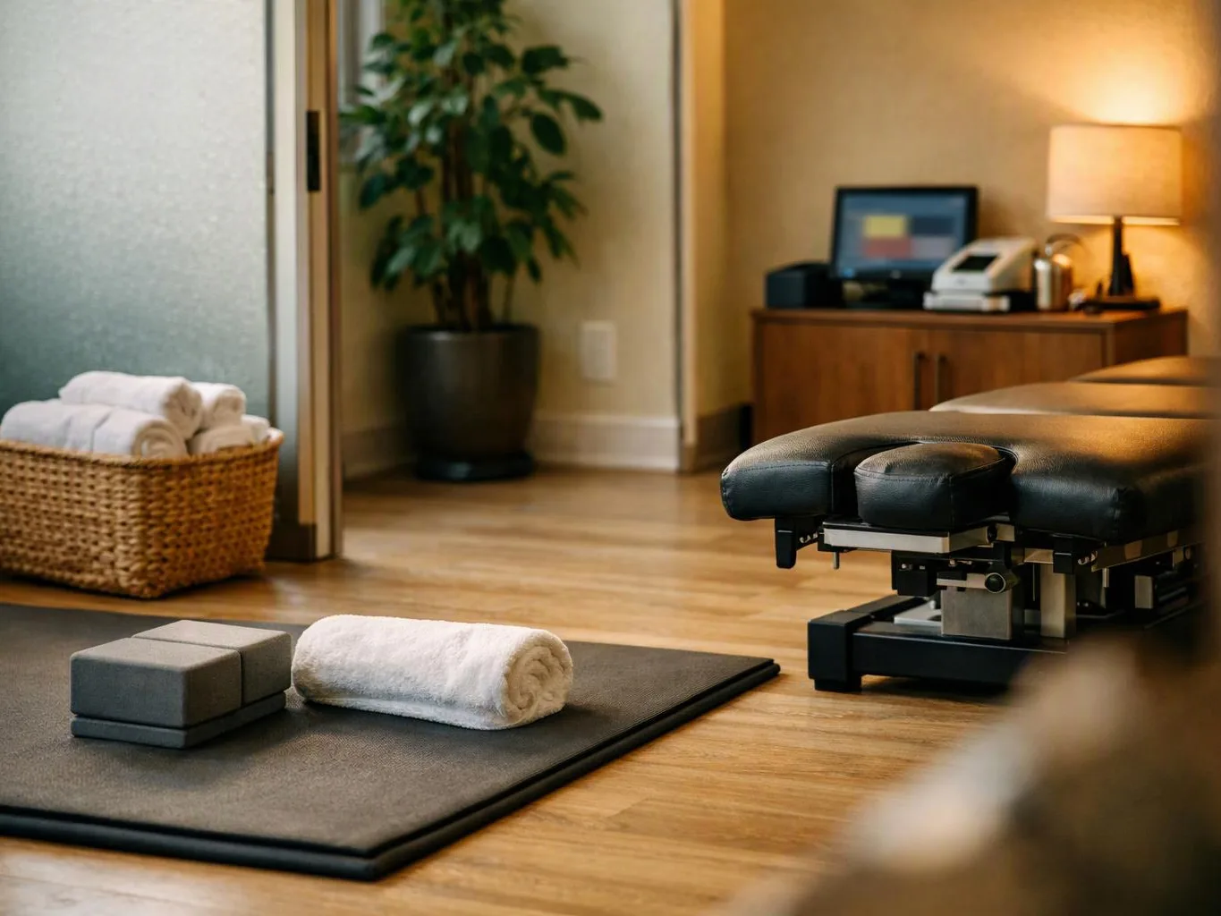 A quiet therapy room shows a massage table, folded towels, yoga blocks, a basket, and a lamp on a cabinet