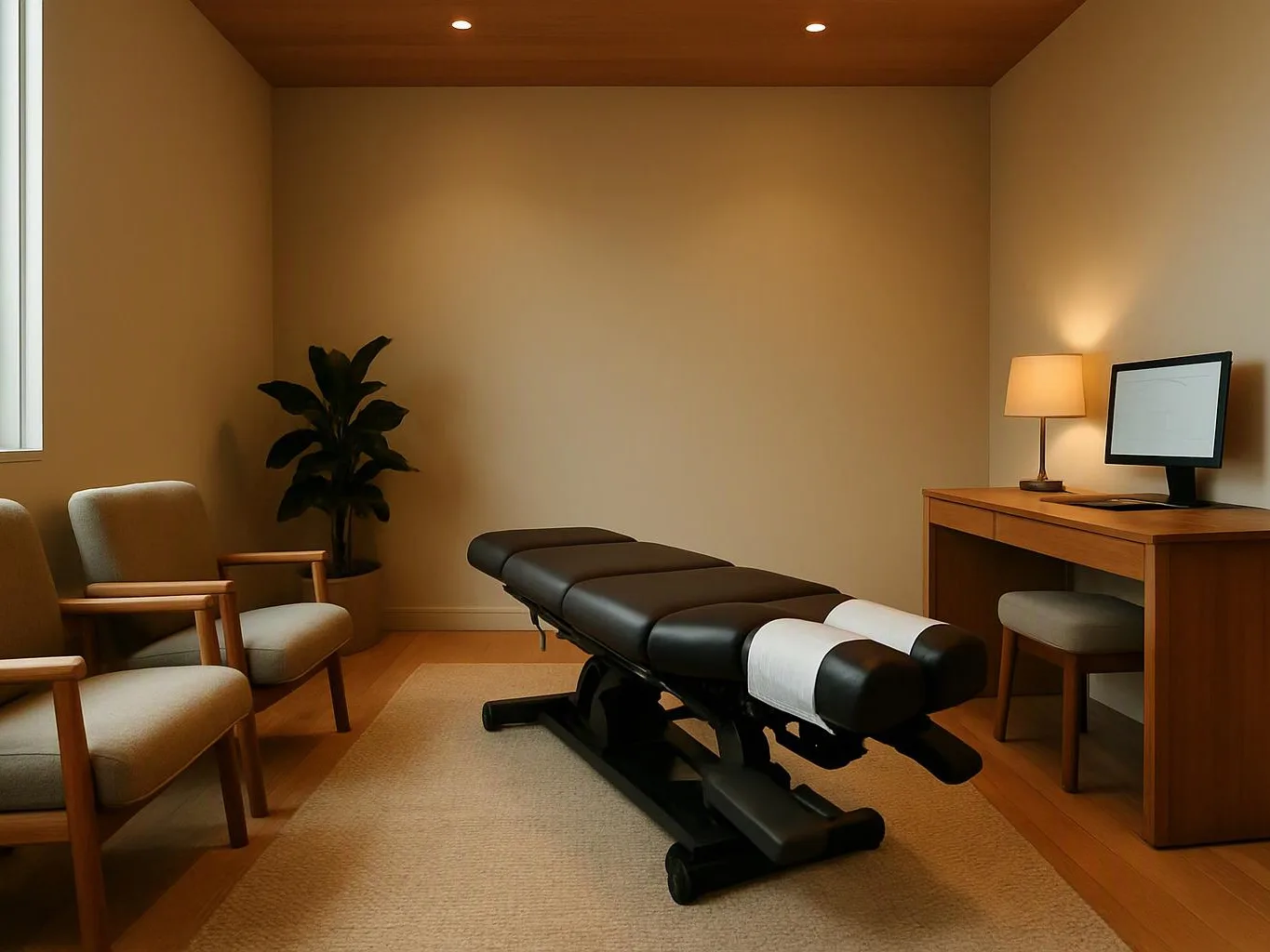 A quiet treatment room has a padded exam table, chairs, a desk lamp, and a computer monitor