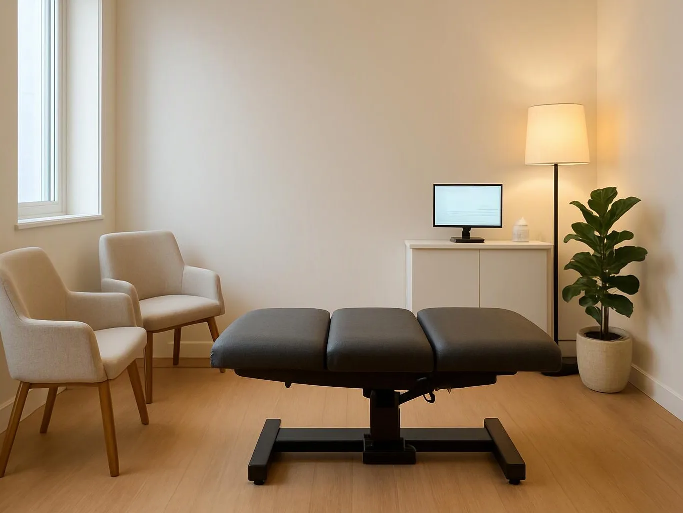 A quiet treatment room holds a black exam table, two beige chairs, a lamp, a small monitor, and a potted plant