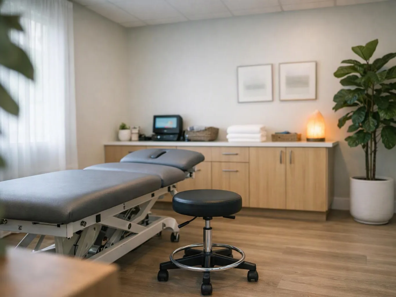 A quiet treatment room shows a massage table, rolling stool, cabinets, towels, and a glowing lamp