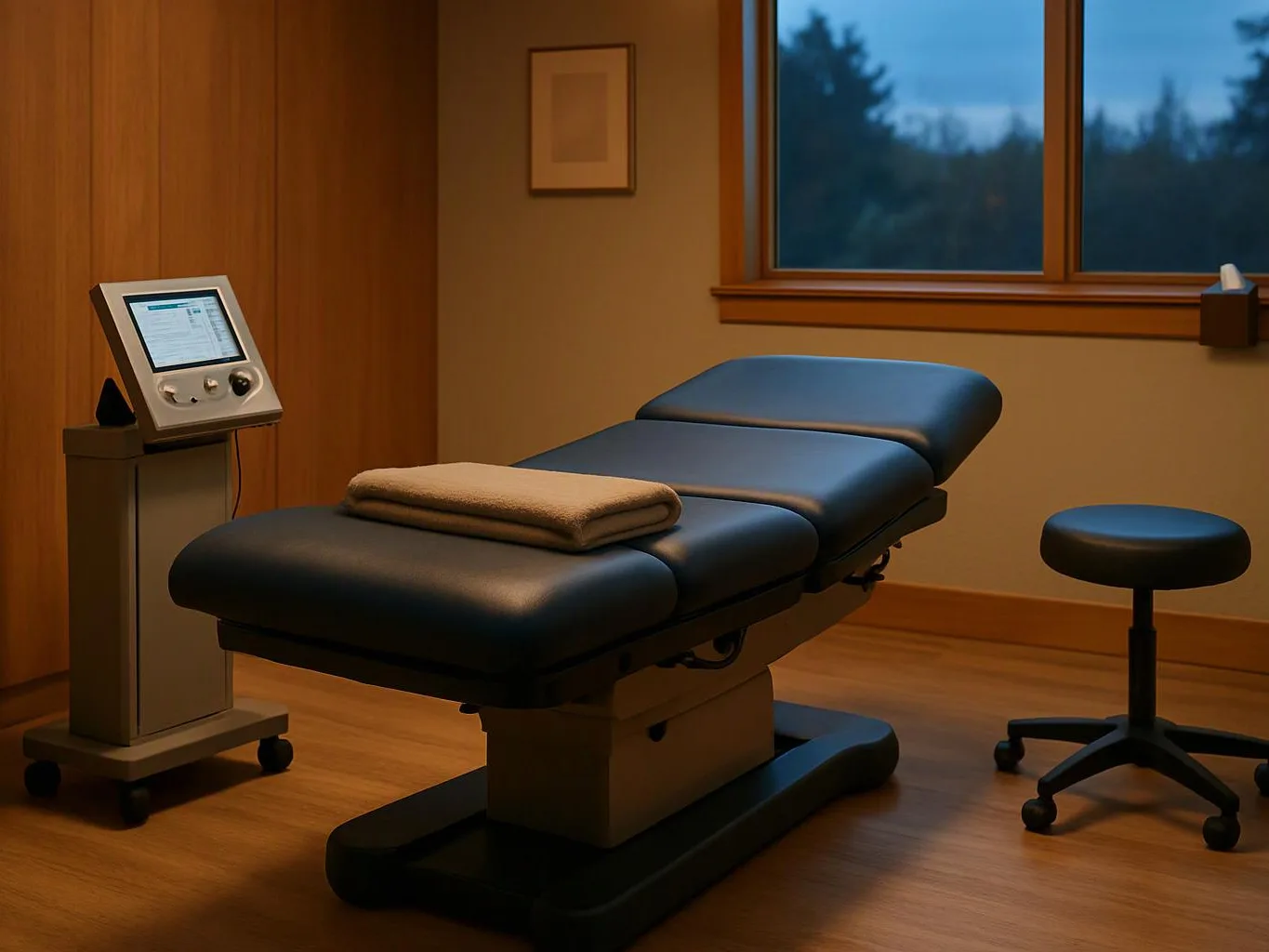 A quiet treatment room shows a padded exam table, a control machine, and a rolling stool near a window