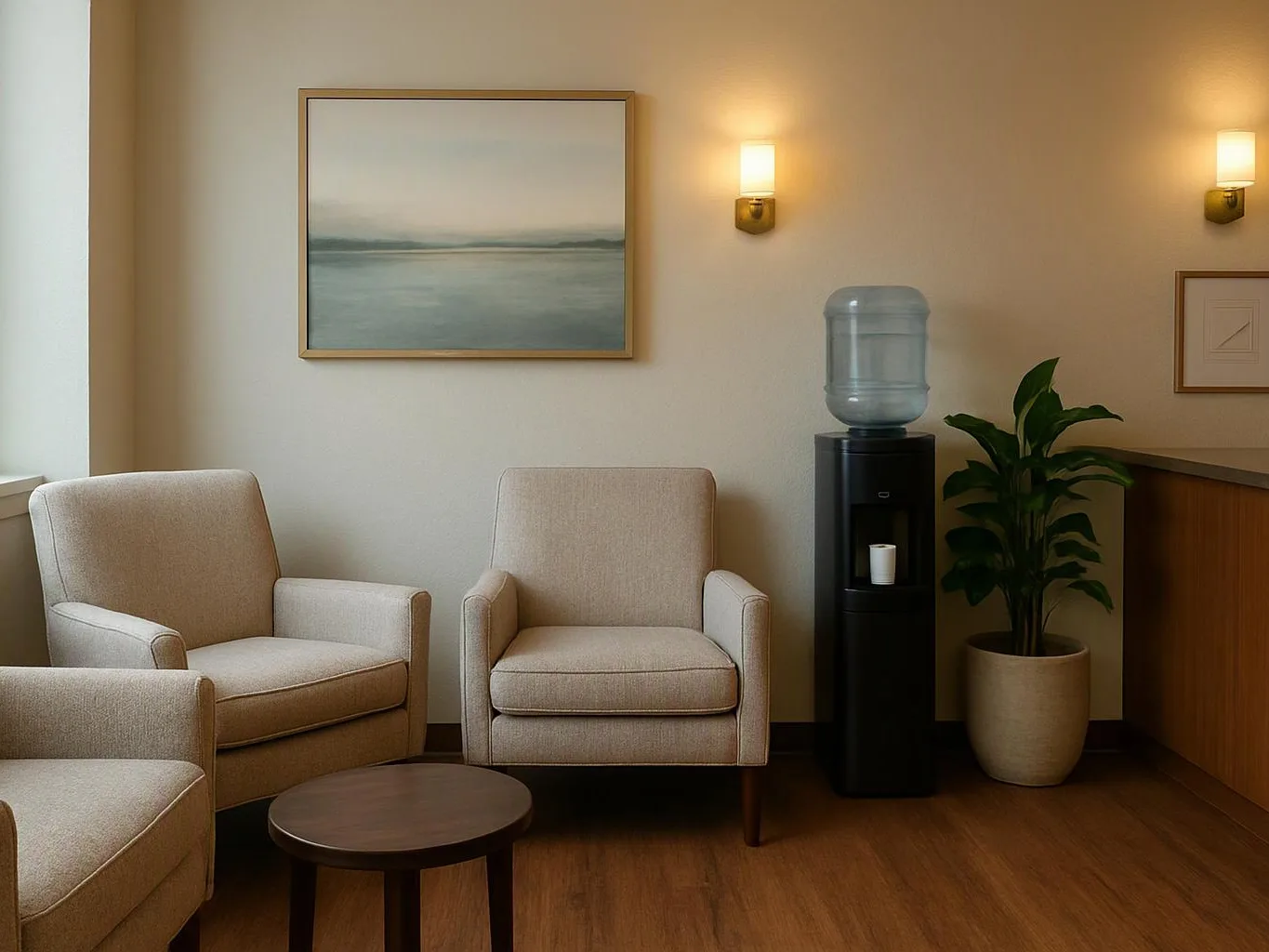 A quiet waiting room has beige chairs, a water cooler, a potted plant, and soft wall lights
