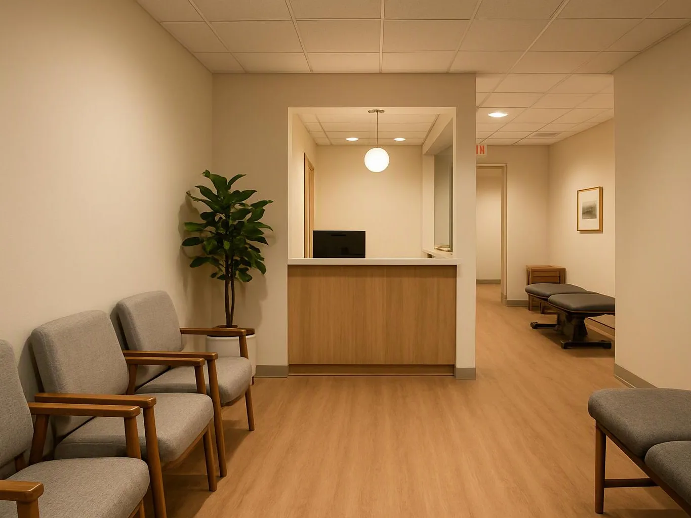 A quiet waiting room has gray chairs, a front desk, a potted plant, and an exam table in the back