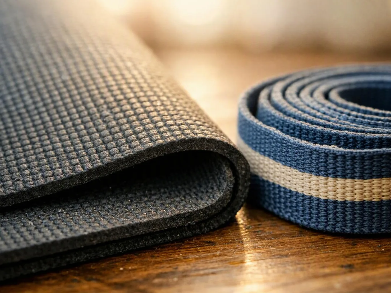 A rolled blue striped strap sits beside a folded black textured mat on a wooden table