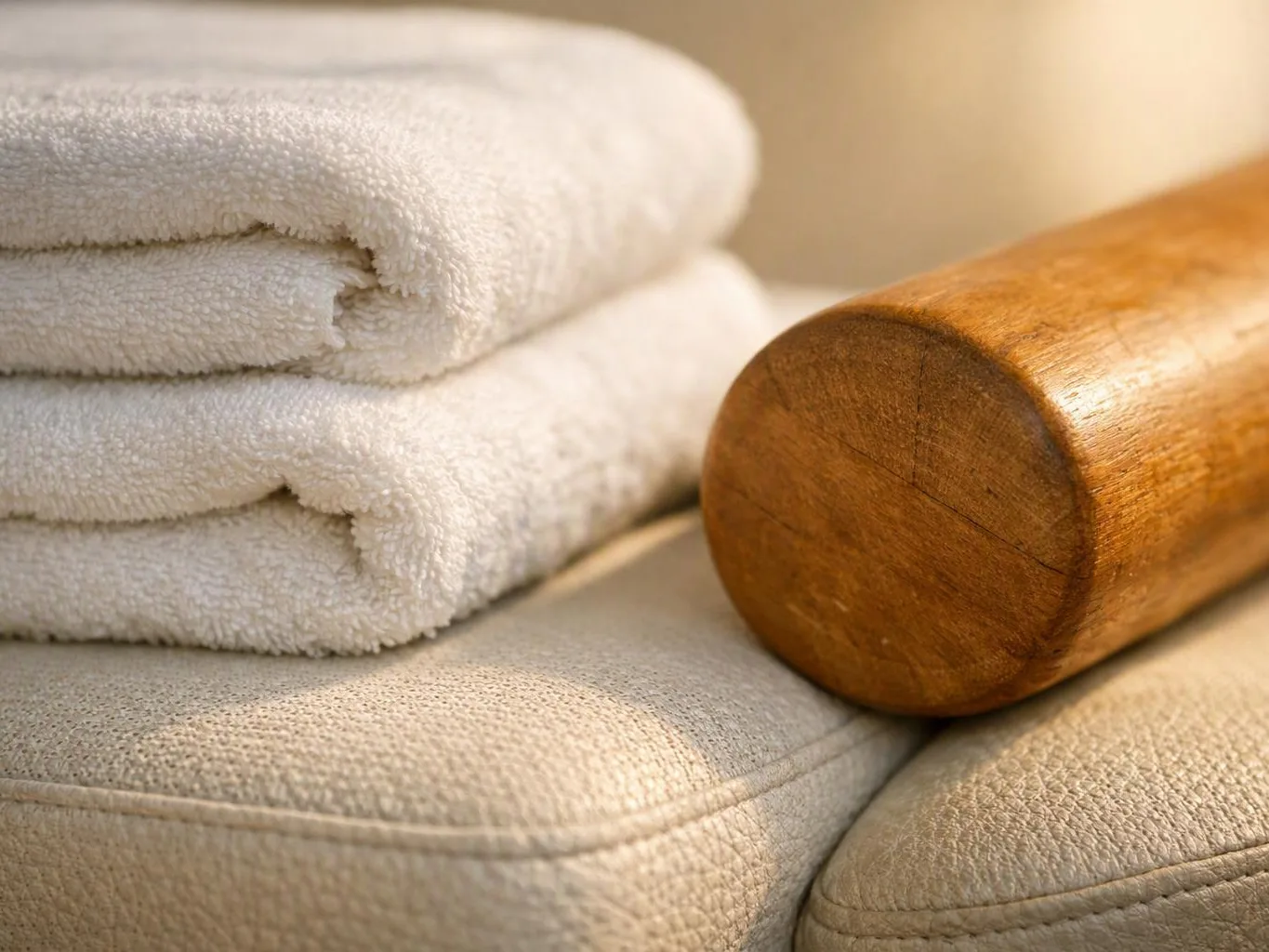 Rolled white towels rest beside a smooth wooden massage tool on a padded surface