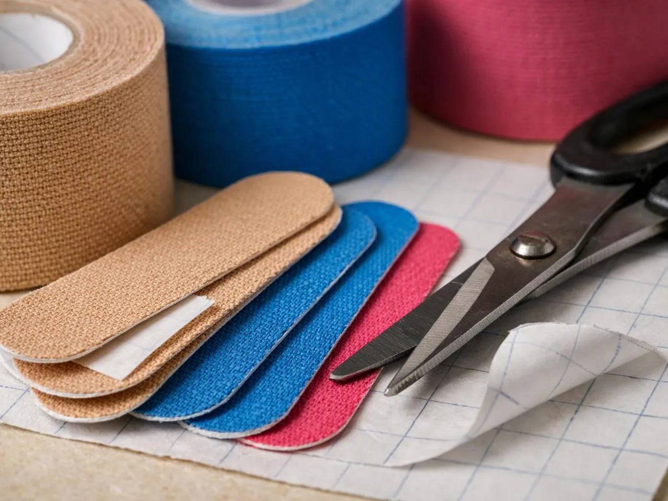 Rolls of colored adhesive tape, stacked fabric patches, and scissors rest on graph paper