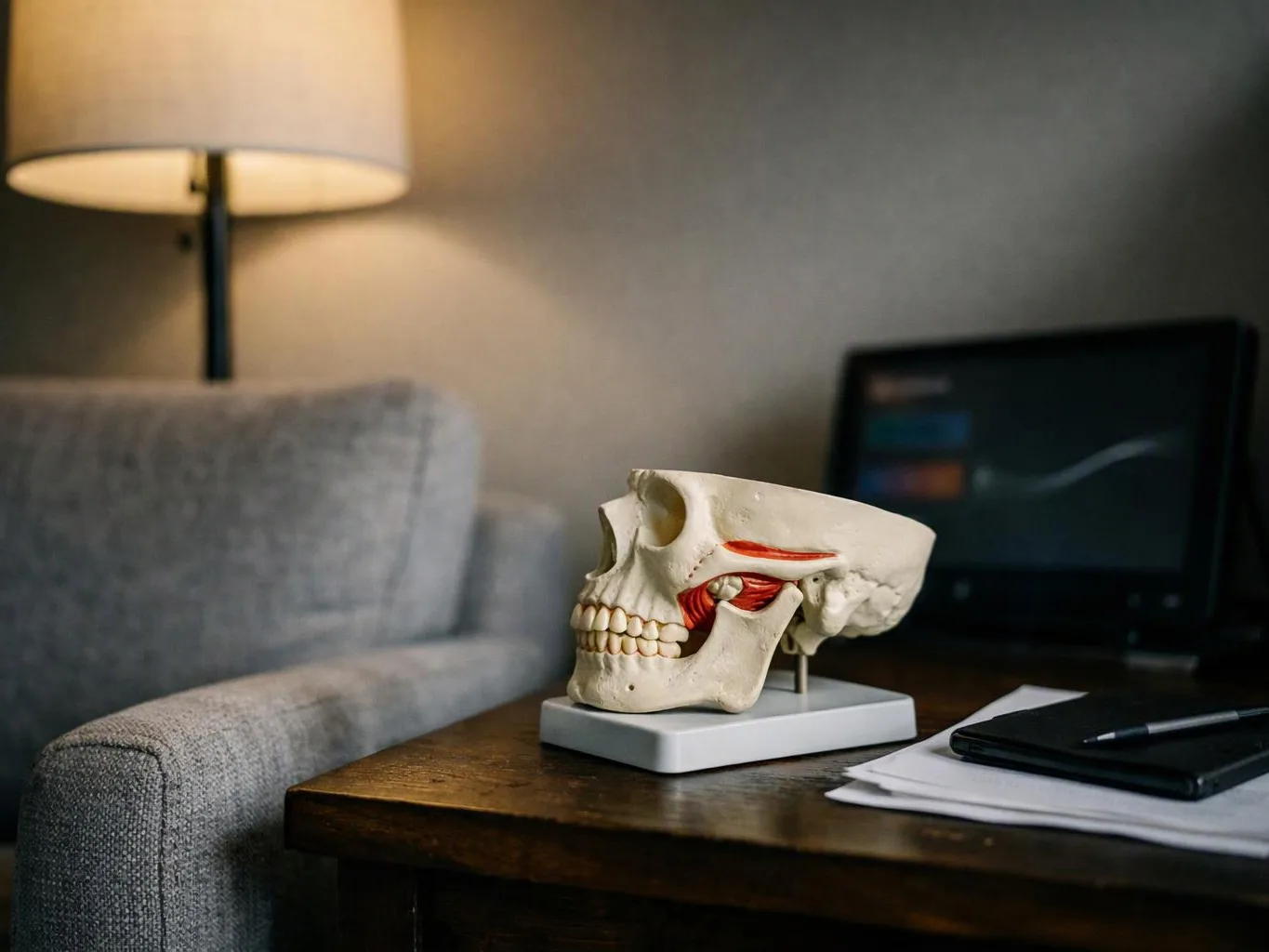 A skull anatomy model sits on a wooden table beside papers, a pen, and a laptop in a dim living room