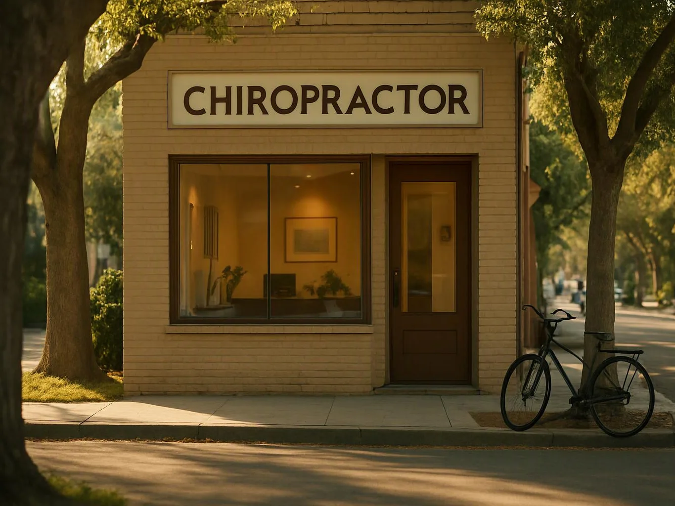 A small brick storefront labeled “CHIROPRACTOR” stands on a tree-lined street with a bicycle parked outside