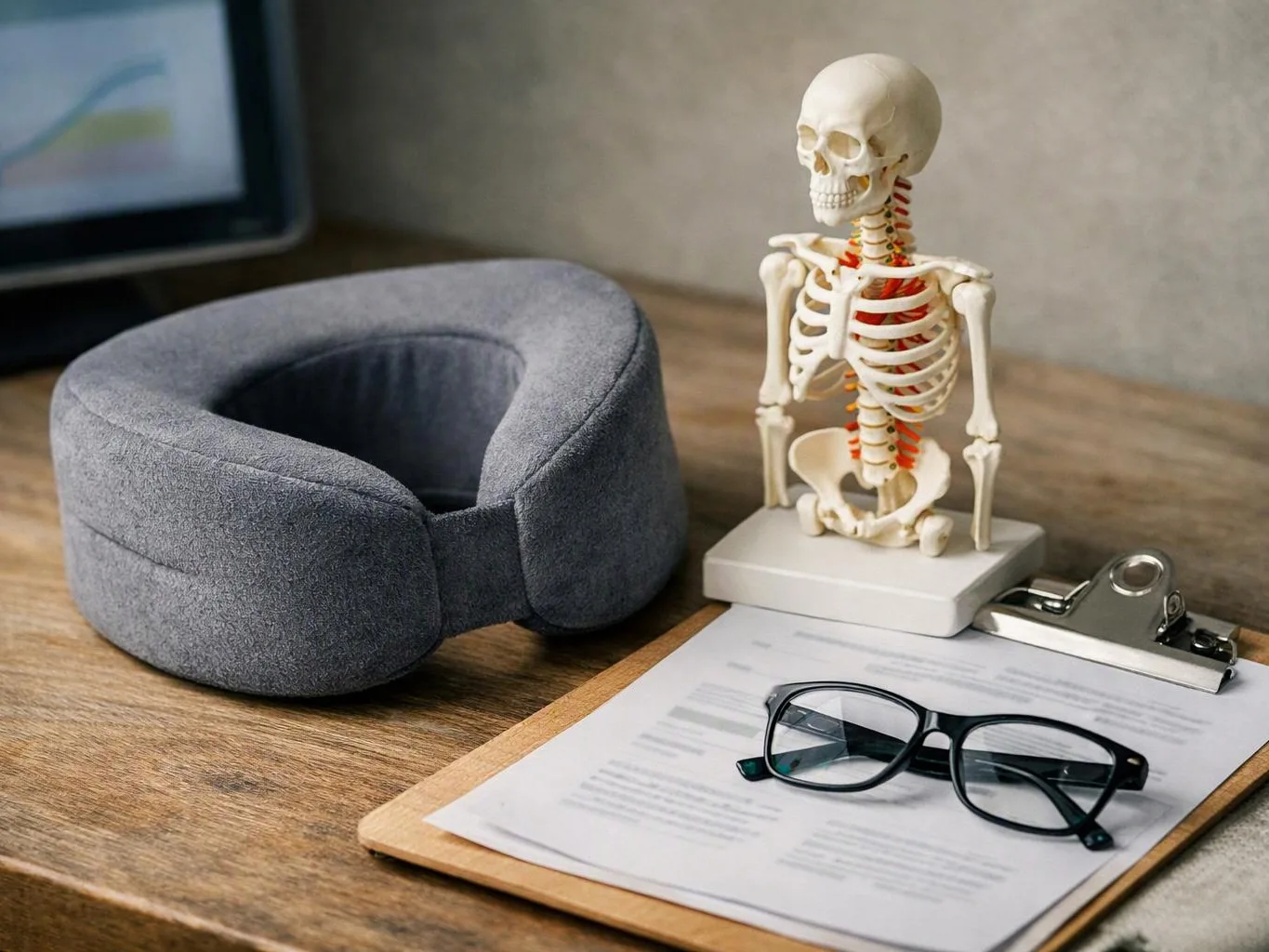 A small skeleton model stands beside a gray neck pillow, glasses, and papers on a wooden desk