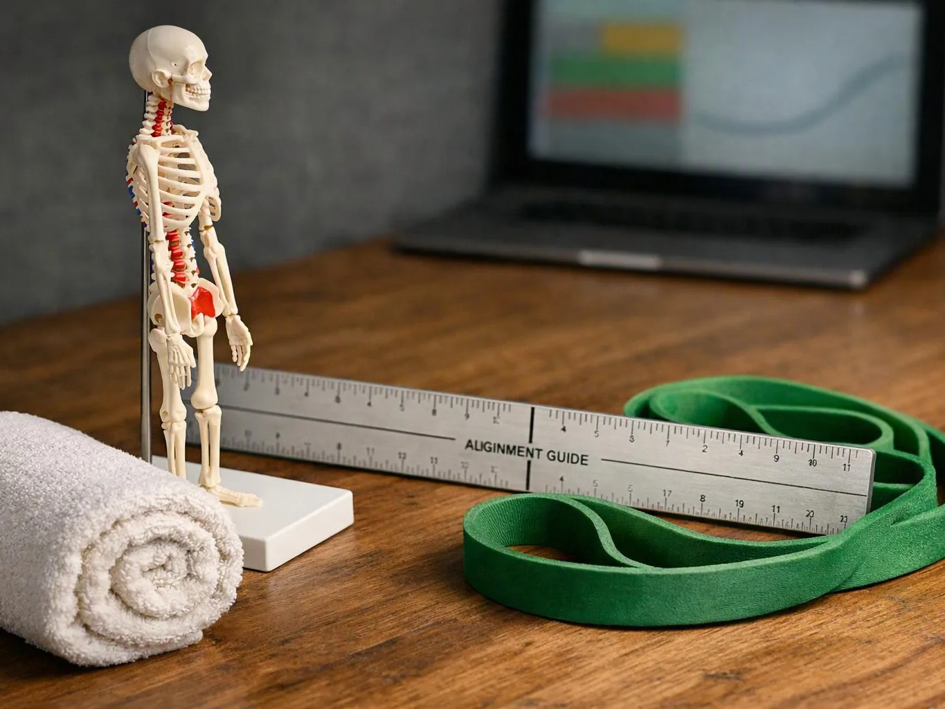 A small skeleton model stands on a desk beside a ruler, towel, green resistance band, and a blurred laptop