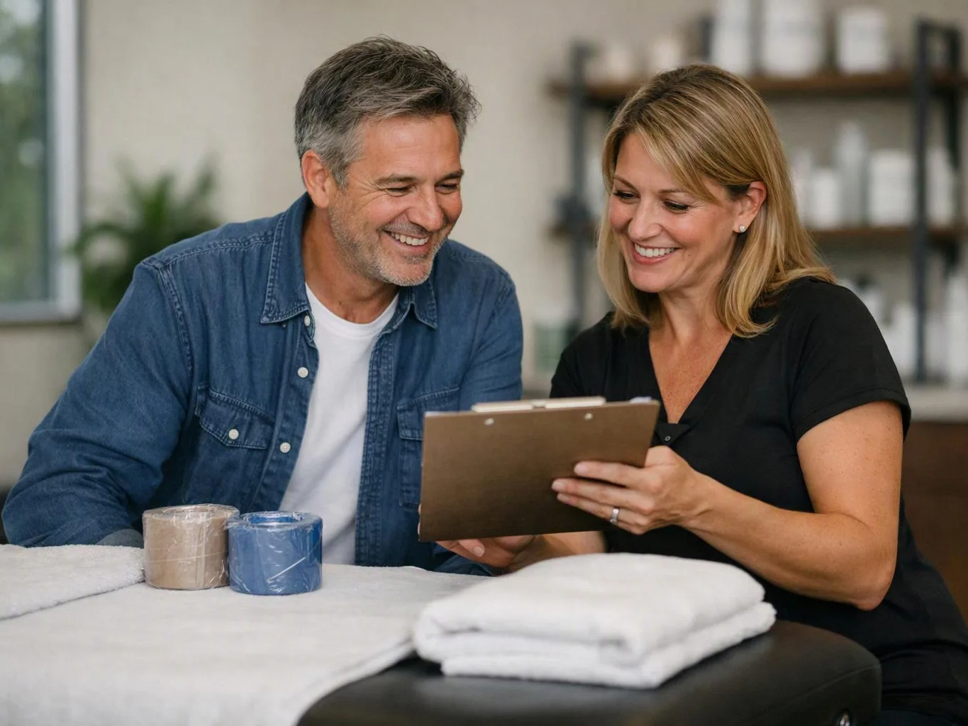 A smiling couple reviews a clipboard beside wrapped candles and folded towels in a bright room