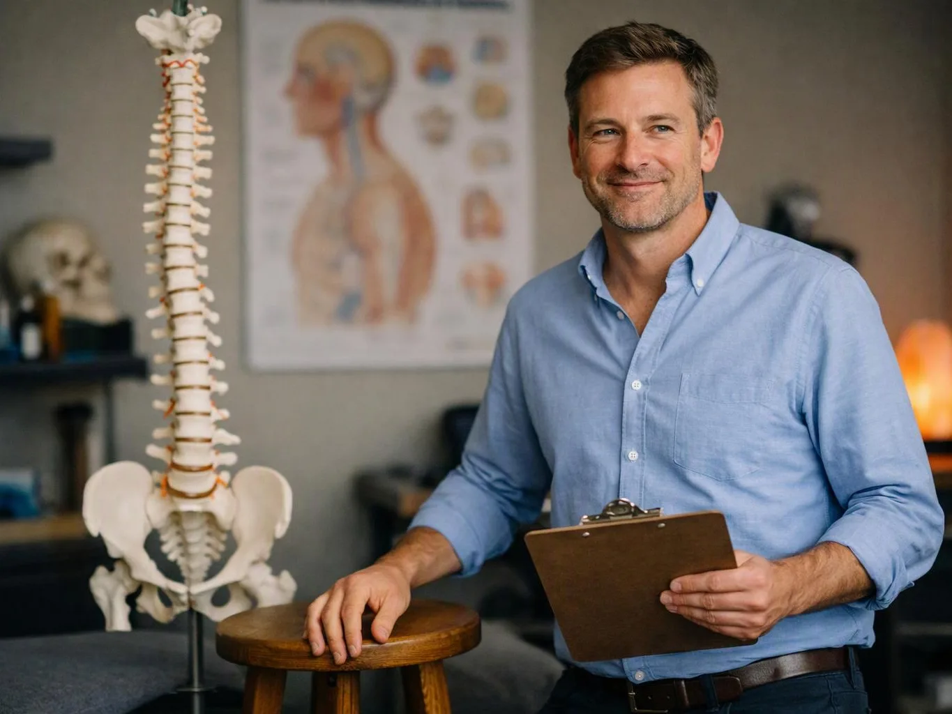 A smiling man in a blue shirt stands beside a spine model, holding a clipboard in a clinic room