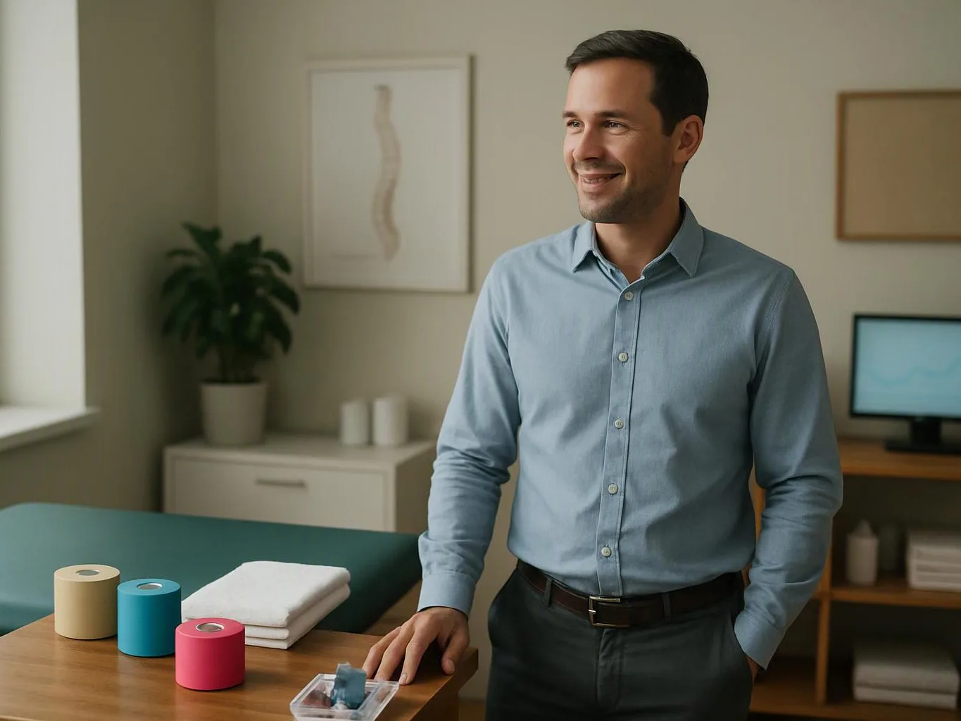 A smiling man in a blue shirt stands beside a treatment table with folded towels and colorful rolls in a calm room