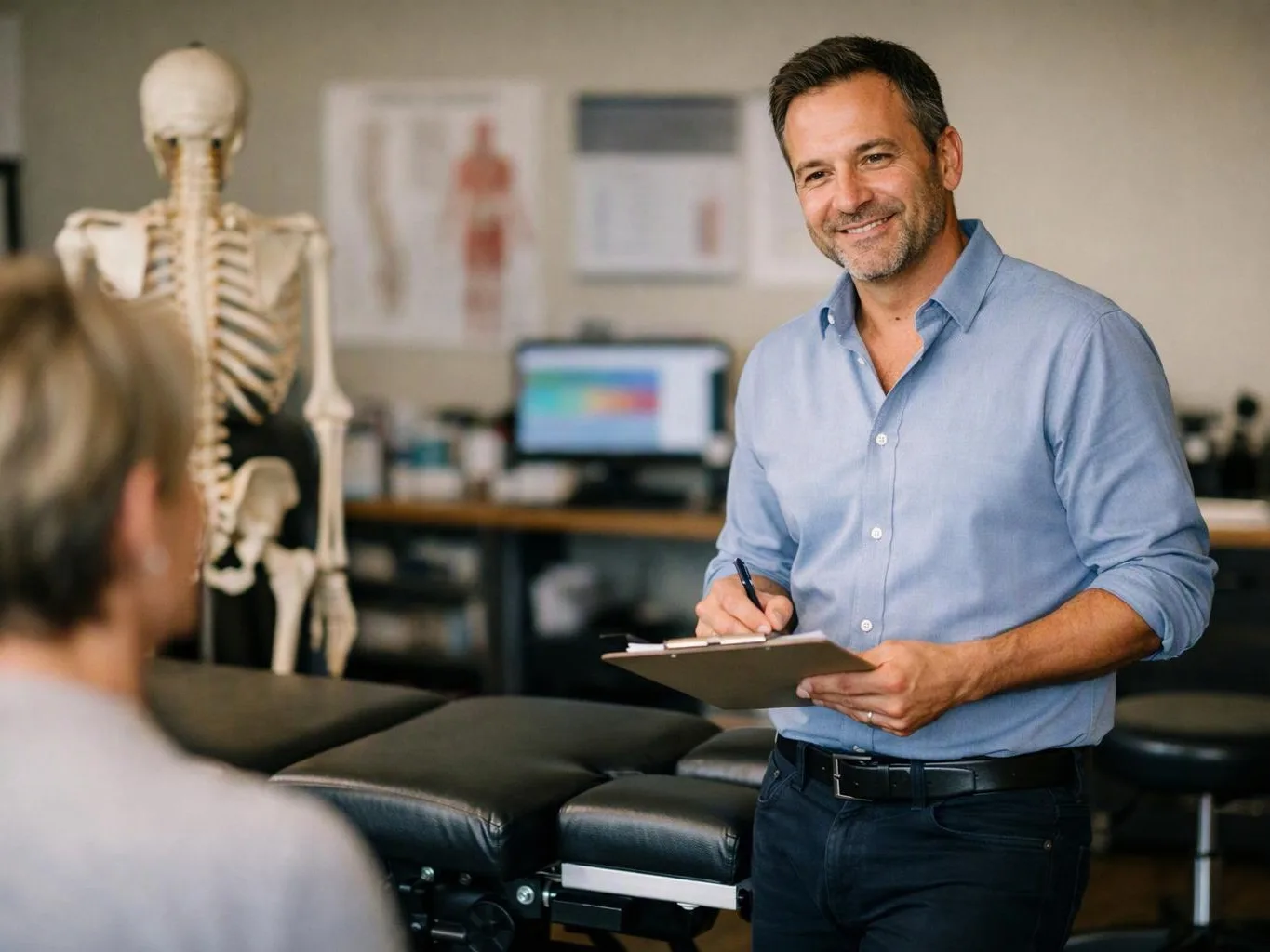 A smiling man in a blue shirt writes on a clipboard beside a skeleton model in a clinic room
