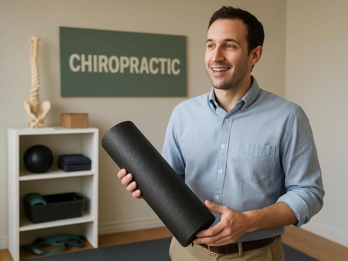 A smiling man holds a black foam roller in a chiropractic office with a spine model and shelf behind him