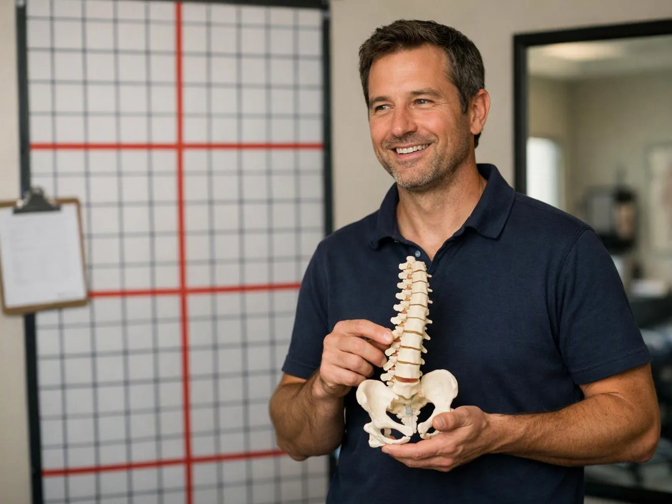 A smiling man holds a model spine and pelvis in a room with a grid chart on the wall
