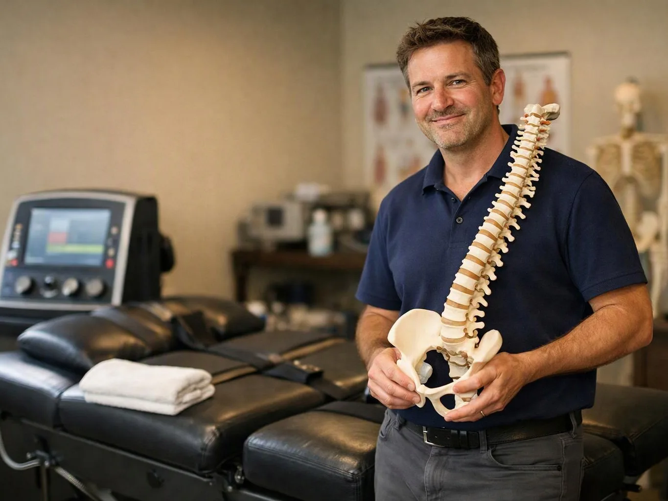 A smiling man holds a spine model beside a padded treatment table in a clinic room