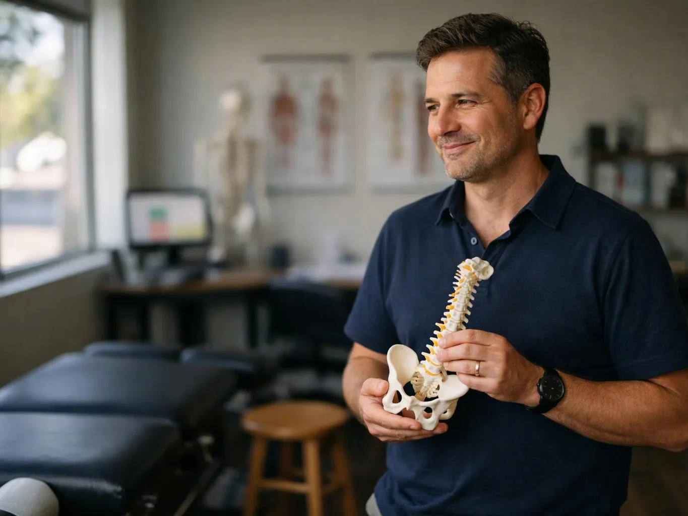 A smiling man holds a spine model in a bright clinic room with exam tables and anatomy charts