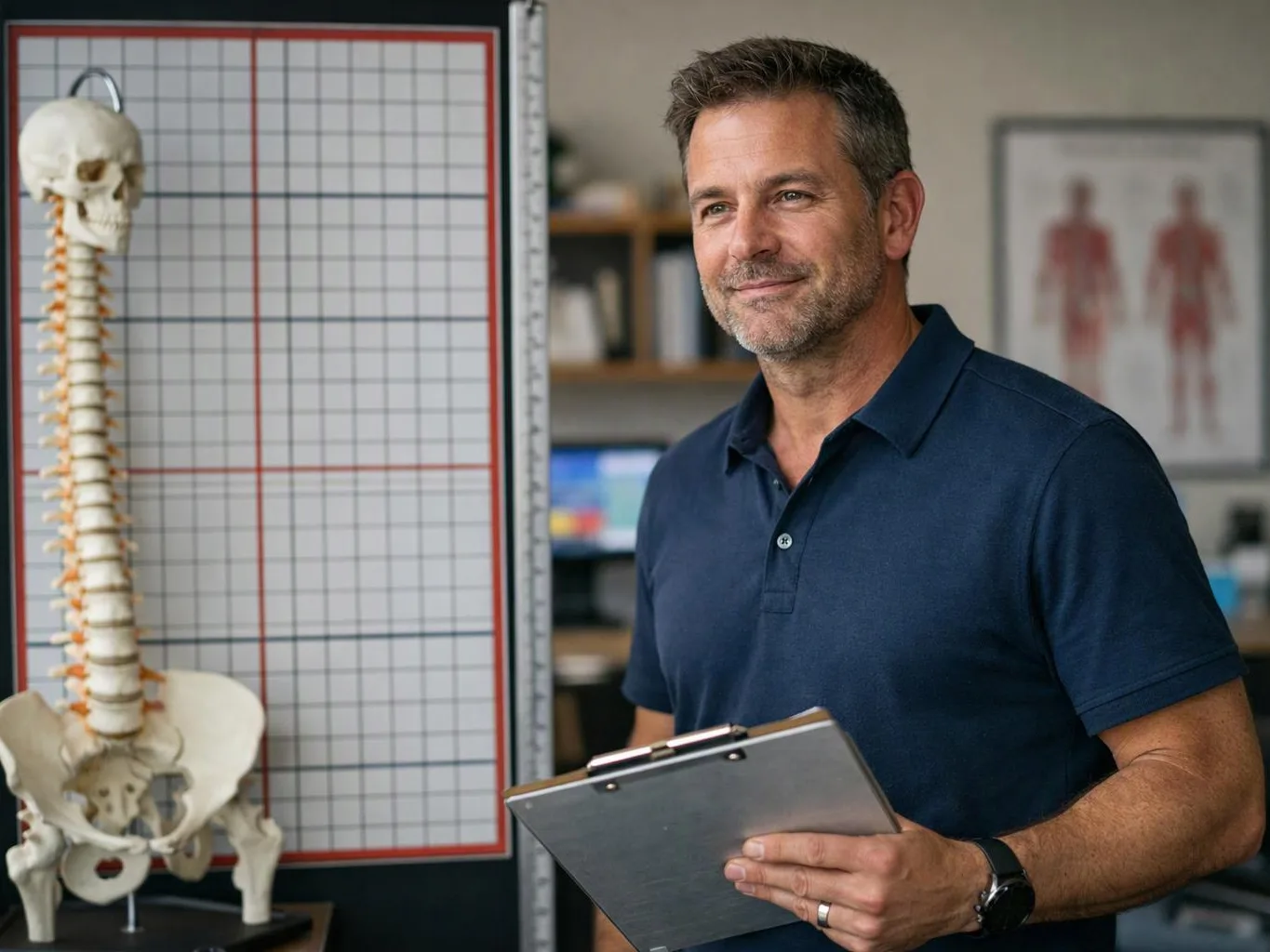 A smiling man in a navy polo holds a clipboard beside a spine model in a medical office