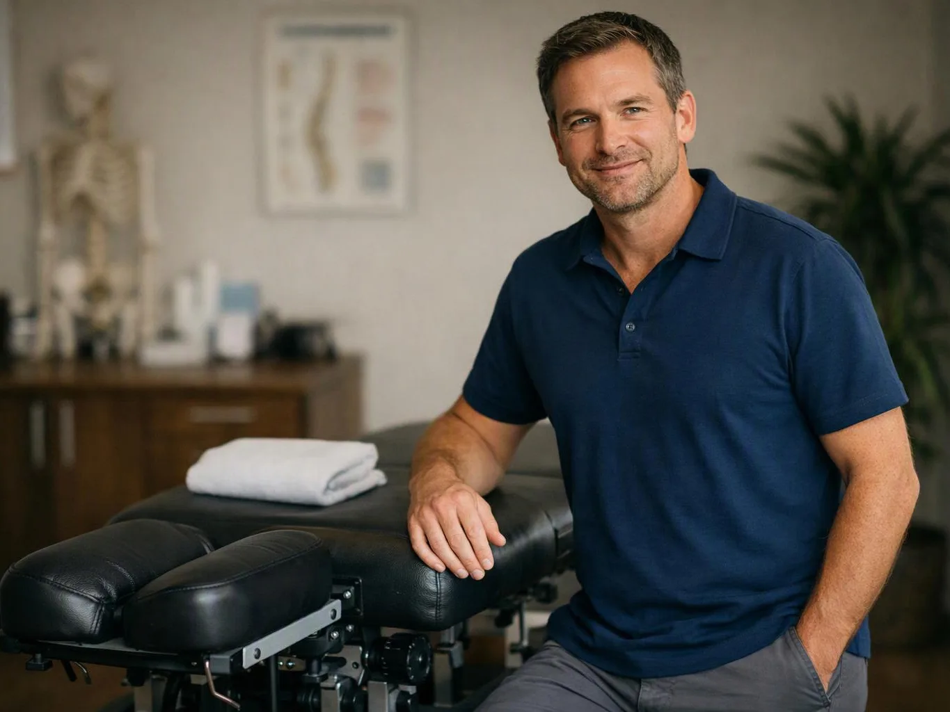 A smiling man in a navy polo sits beside a black massage table in a treatment room