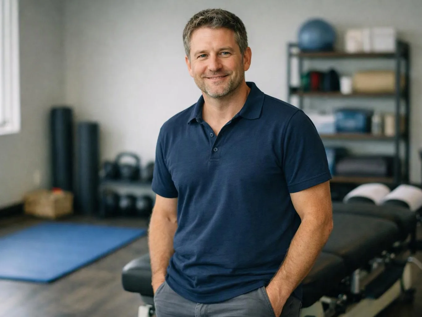 A smiling man in a navy polo stands in a physical therapy room with exercise mats and treatment tables