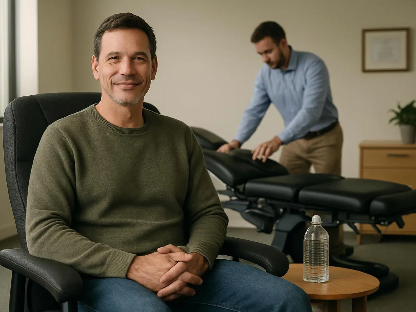 A smiling man sits in a chair beside a water bottle, while another man adjusts a massage table in a simple room